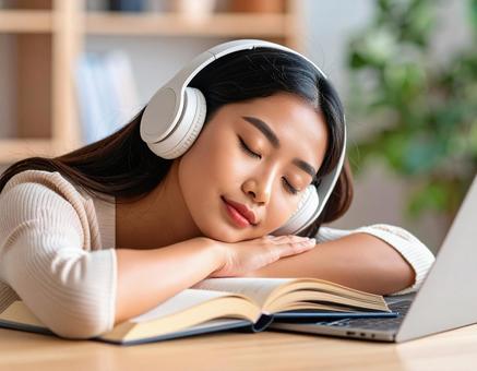 読書をしながら寝落ちする女性7 読書をしながら寝落ちする女性7の写真