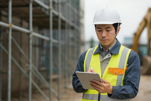 建設現場でタブレットを操作する現場監督 建設現場でタブレットを操作する現場監督の写真