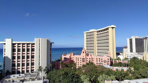 青空と海のワイキキホテル群 ハワイ,ワイキキ,ホテルの写真素材