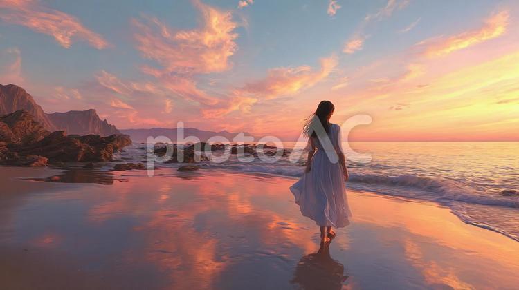 夏の夕暮れ：波打ち際を歩く旅人 海岸,ビーチ,夕焼けの写真素材