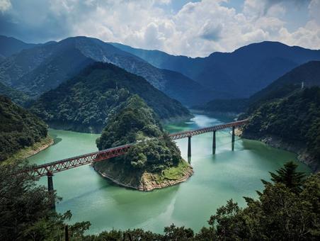 奥大井湖上駅 駅,湖,鉄道の写真素材
