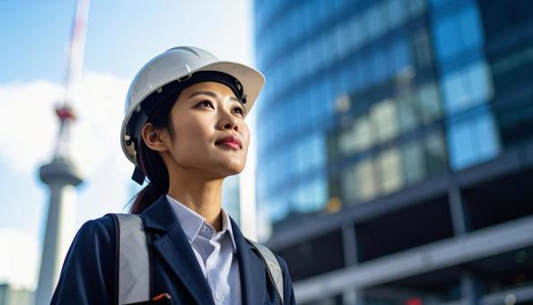 ビル背景にスーツにヘルメットの若い女性 ビル背景にスーツにヘルメットの若い女性の写真