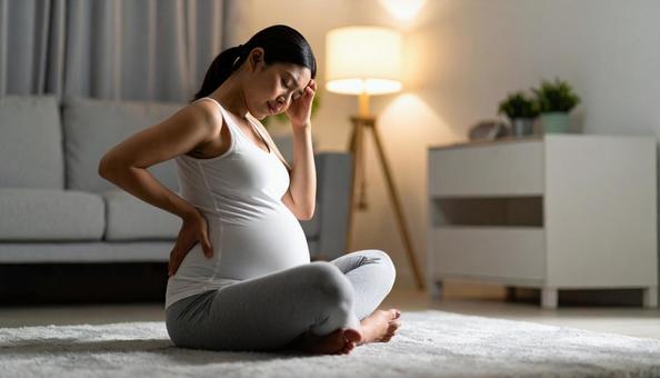 ぐったりと疲れた表情を浮かべる妊婦の写真