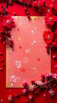 年賀状背景 赤い和紙 梅の花 和風 年賀状背景 赤い和紙 梅の花 和風の写真