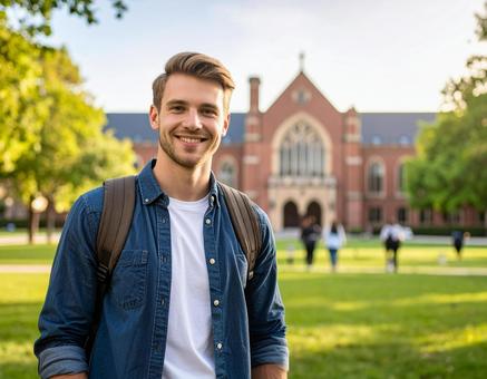 大学のキャンパスで笑顔の学生 大学のキャンパスで笑顔の学生の写真