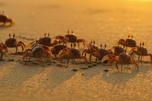カニの群れが夕日を浴びる カニの群れが夕日を浴びるの写真