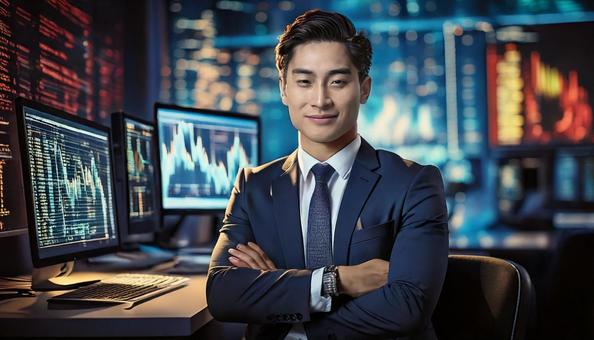 Businessman with arms folded in front of stock trader, asian, inside the house, business, JPG