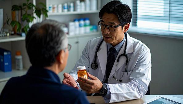 患者に対して簡単な服薬指導を行う男性医師 患者に対して簡単な服薬指導を行う男性医師の写真