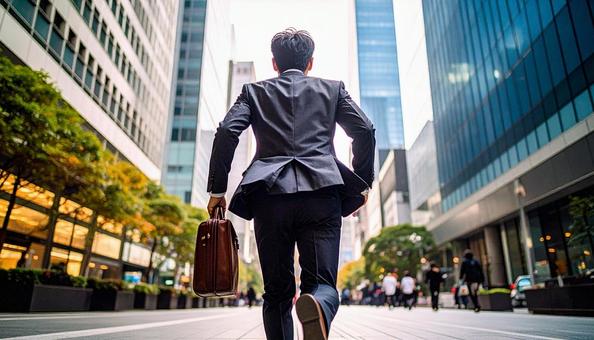 高層ビルが並ぶ都市を疾走するビジネスマン 高層ビルが並ぶ都市を疾走するビジネスマンの写真