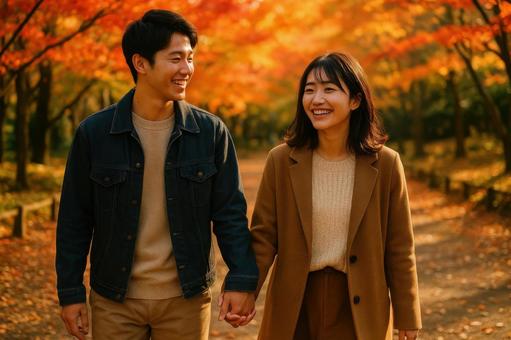 紅葉デートを楽しむ二人 紅葉デートを楽しむ二人の写真
