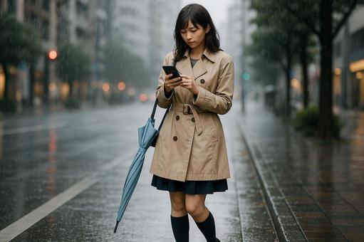 雨の日にスマホを確認 雨の日にスマホを確認の写真