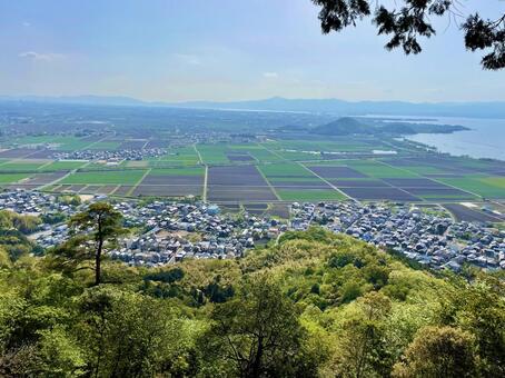 近江八幡山からの琵琶湖と田園風景 琵琶湖,滋賀,近江八幡の写真素材