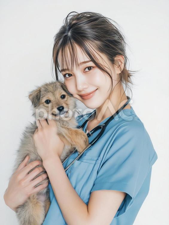 子犬を抱く明るい表情の女性獣医師 獣医師,女性,子犬の写真素材