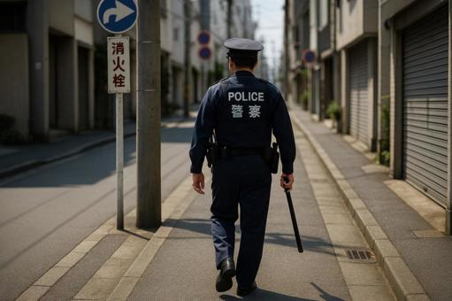 警棒を持って巡回する警察官 警棒を持って巡回する警察官の写真