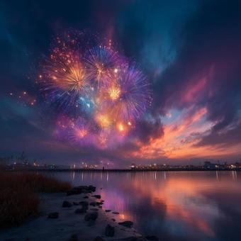 夏に夜空に浮かぶ花火 夏に夜空に浮かぶ花火の写真