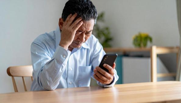 スマホを見て悩む高齢の困惑した日本人男性 スマホを見て悩む高齢の困惑した日本人男性の写真