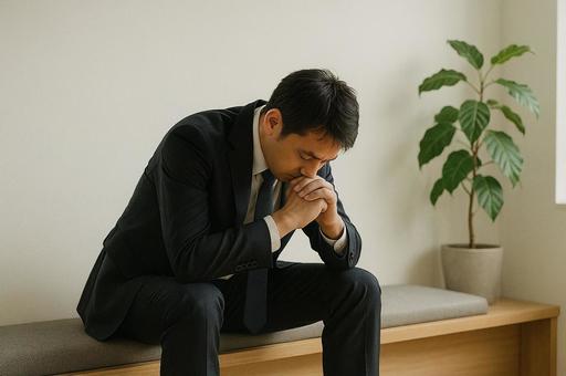 休憩スペースで俯くスーツ姿の男性 休憩スペースで俯くスーツ姿の男性の写真