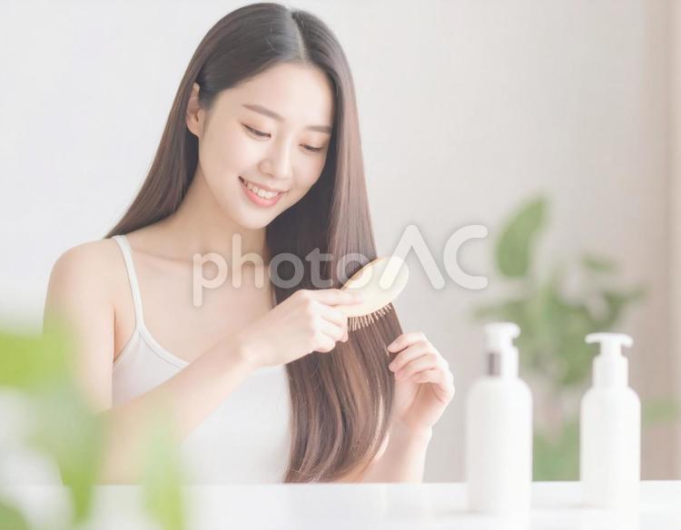 ヘアケア中の女性 ヘアケア中の女性 髪の毛,髪,ドライの写真素材