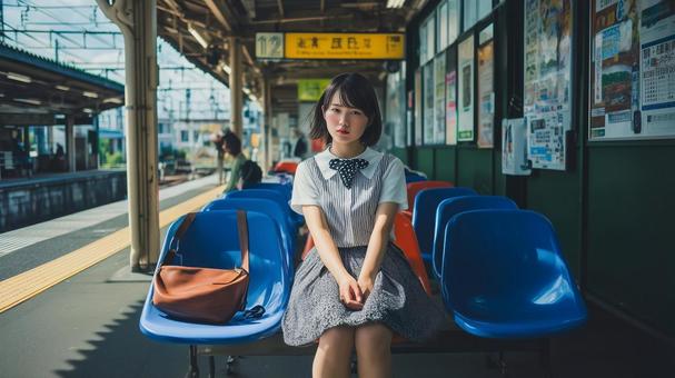 電車を待つ女子高生 電車を待つ女子高生の写真