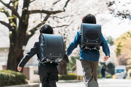 Elementary school upper grades and elementary school first graders who go to school holding hands under the cherry tree, grundschüler, eine schultasche, geh zur schule, JPG