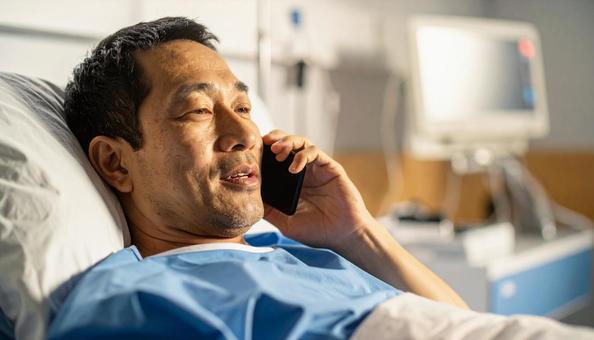 病室のベッドから携帯で話をする男性患者 病室のベッドから携帯で話をする男性患者の写真