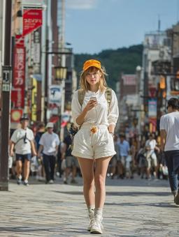 街を歩くストリート系の女性 街を歩くストリート系の女性の写真