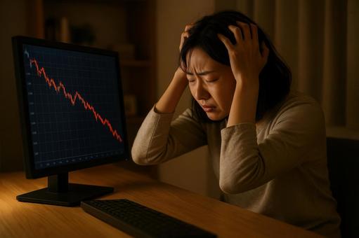 落ち込む株価に頭を抱える女性 落ち込む株価に頭を抱える女性の写真