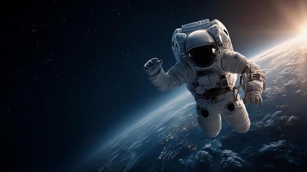 宇宙から見た青い地球と宇宙飛行士の姿 宇宙から見た青い地球と宇宙飛行士の姿の写真