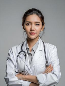 腕を組む女性医師 腕を組む女性医師の写真