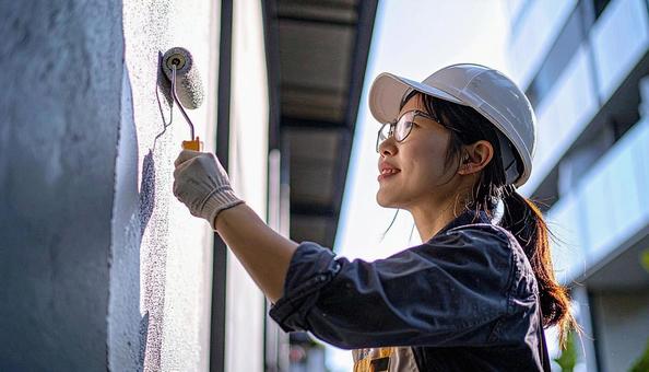DIYで外壁塗装する女性 DIYで外壁塗装する女性の写真