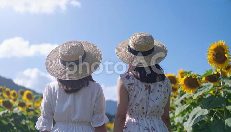 ひまわり畑を歩く女性たち ヒマワリ,美しさ,サマータイムの写真素材