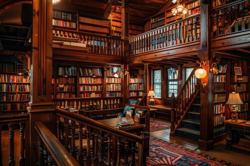 アンティークな木造図書館の書斎 アンティークな木造図書館の書斎の写真