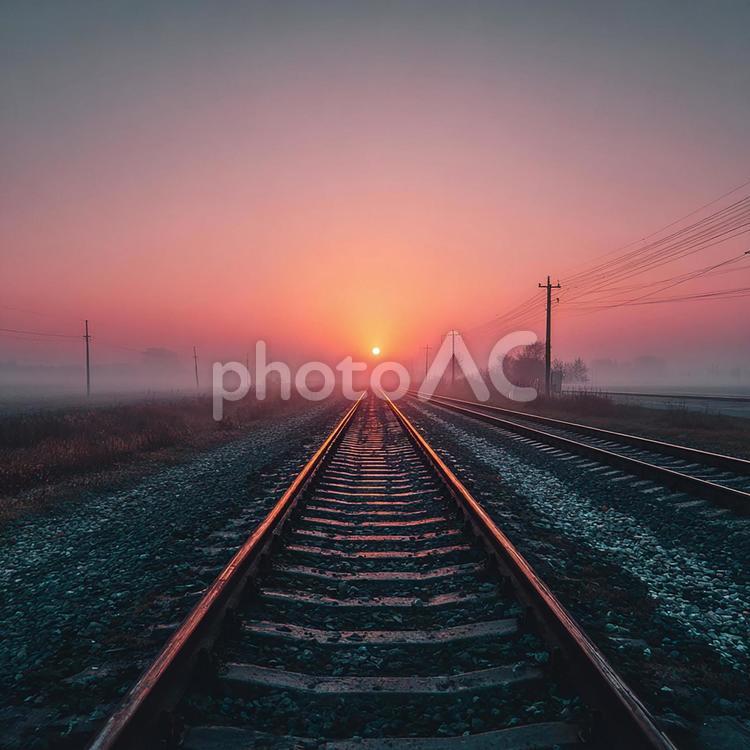 霧の朝に続く幻想的な線路 線路,鉄道,レールの写真素材
