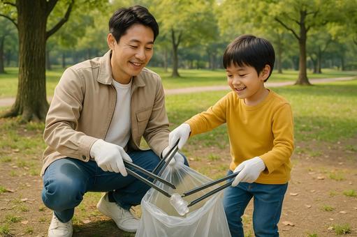 公園清掃の父子 公園清掃の父子の写真