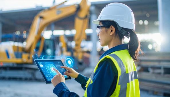 スマートグラスで重機を操作する未来の現場の写真