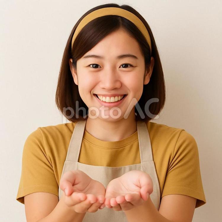 女性が笑顔ですくう様に両手を差し出す 女性,若い女性,笑顔の写真素材