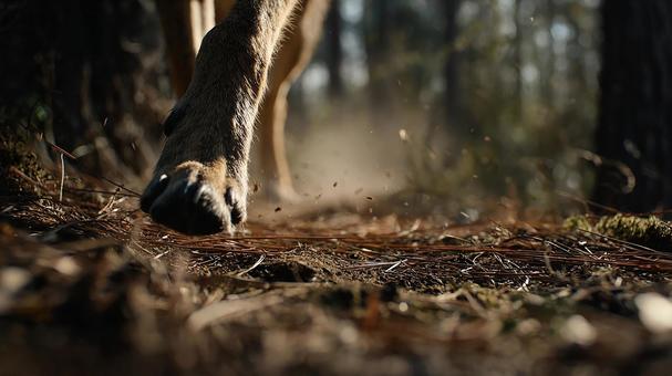 光差す森、犬の足の写真