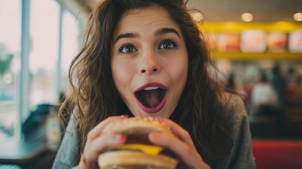 ハンバーガーにかぶりつく瞬間の女性 ハンバーガーにかぶりつく瞬間の女性の写真