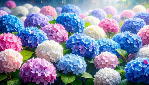 梅雨に一面に咲く満開の紫陽花 梅雨に一面に咲く満開の紫陽花の写真