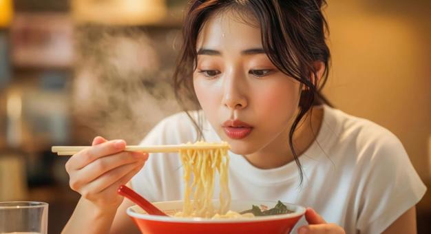 熱々ラーメンを食べる女性の飲食シーン 熱々ラーメンを食べる女性の飲食シーンの写真