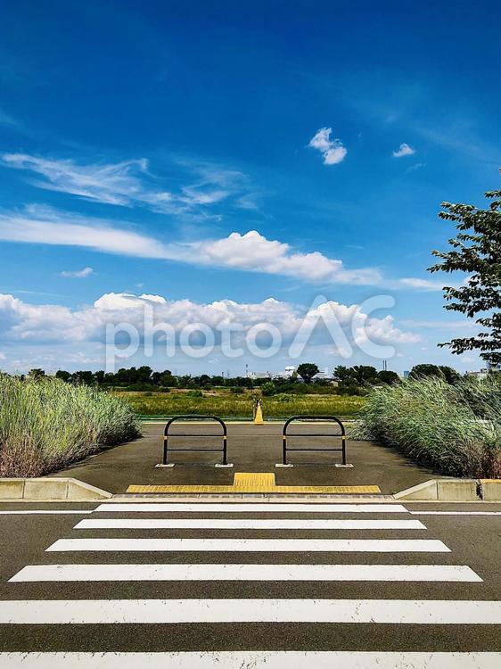 青い空と横断歩道と河川敷 横断歩道,河川敷,土手の写真素材