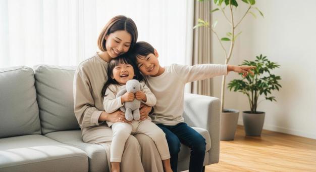 ソファで親子が笑顔で寄り添う幸せな時間 ソファで親子が笑顔で寄り添う幸せな時間の写真