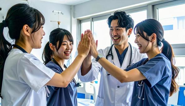喜びを分かち合う看護師・医者 喜びを分かち合う看護師・医者の写真