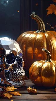 クリスタルスカルヘッドとゴールドカボチャの写真