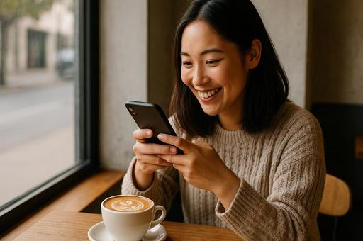 カフェで微笑む女性とスマホ カフェで微笑む女性とスマホの写真
