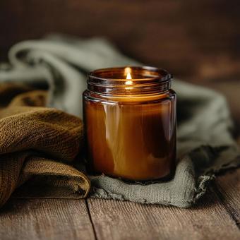 木目とキャンドルの調和の写真