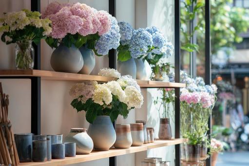 おしゃれな花屋のあじさいディスプレイの写真