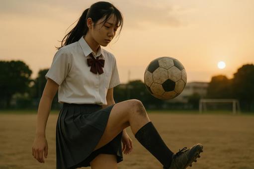リフティングをする女子高校生 リフティングをする女子高校生の写真