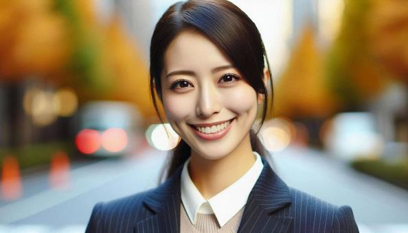 秋のオフィス街　素敵な笑顔の女性の写真