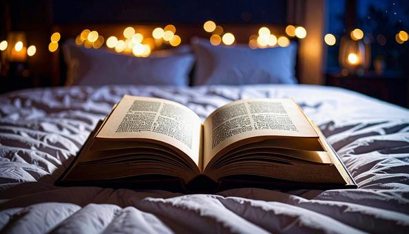 高層マンションのベッドの上の本の写真